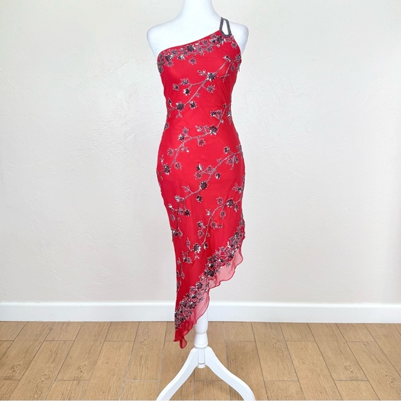 NWT Vintage Scala 1990s Red Silk One Shoulder Beaded Asymmetrical Midi Dress S